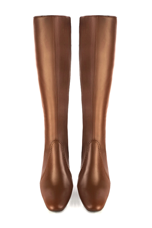 Caramel brown women's feminine knee-high boots. Round toe. Medium block heels. Made to measure. Top view - Florence KOOIJMAN